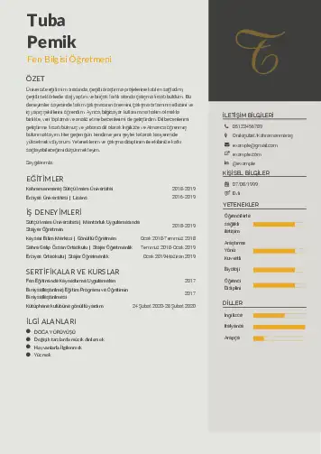 Fen Bilgisi Öğretmeni CV Örnekleri cv indir